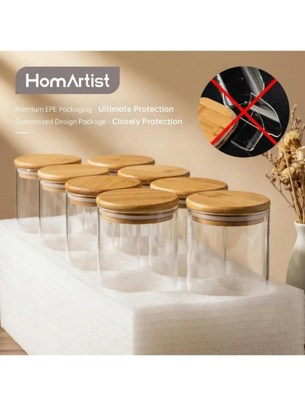 Airtight Glass Storage Jars with Bamboo Lids - Set of 8 Canisters for Kitchen